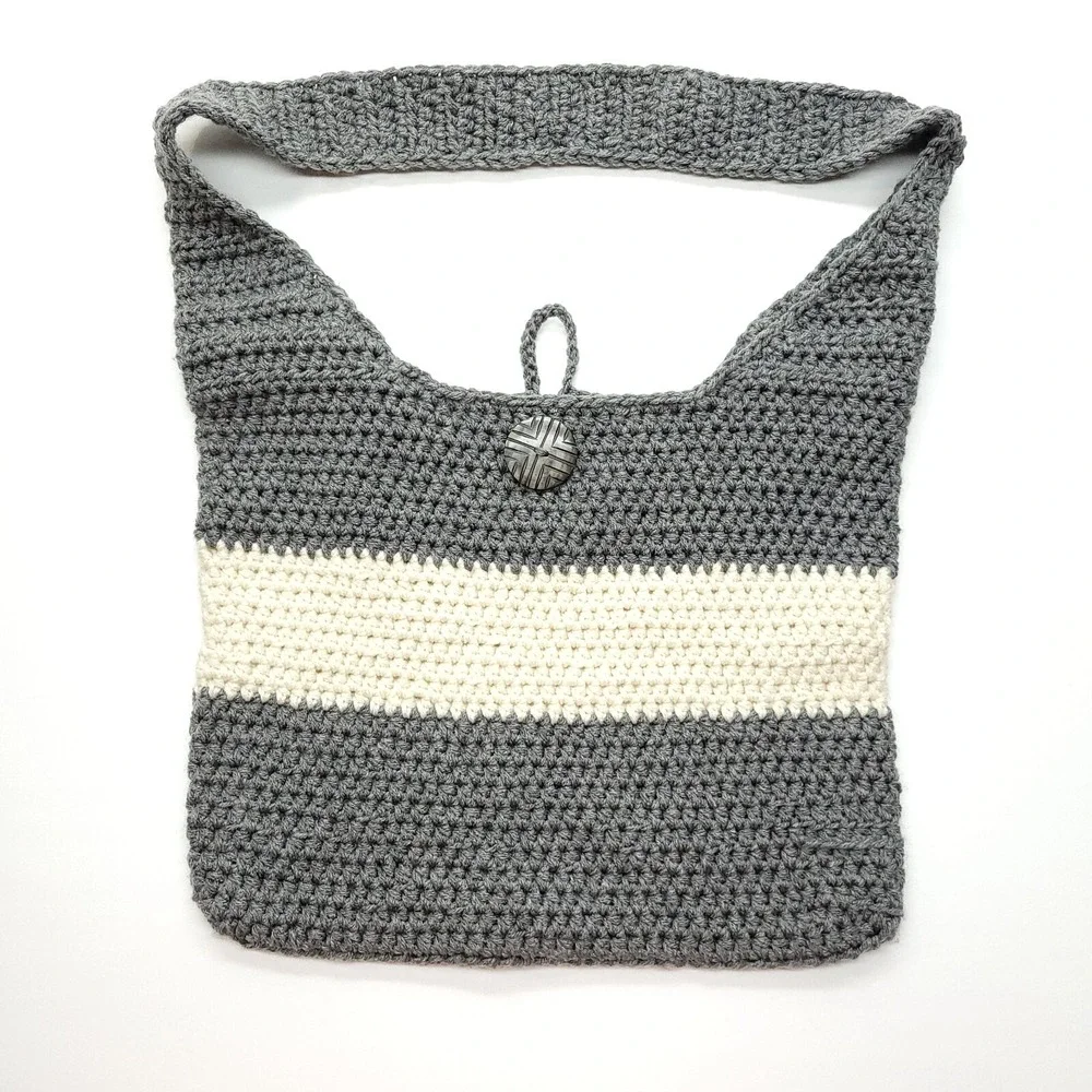 Handmade‎ Crochet Purse Gray Ivory Button Closure Hippie Boho Tote